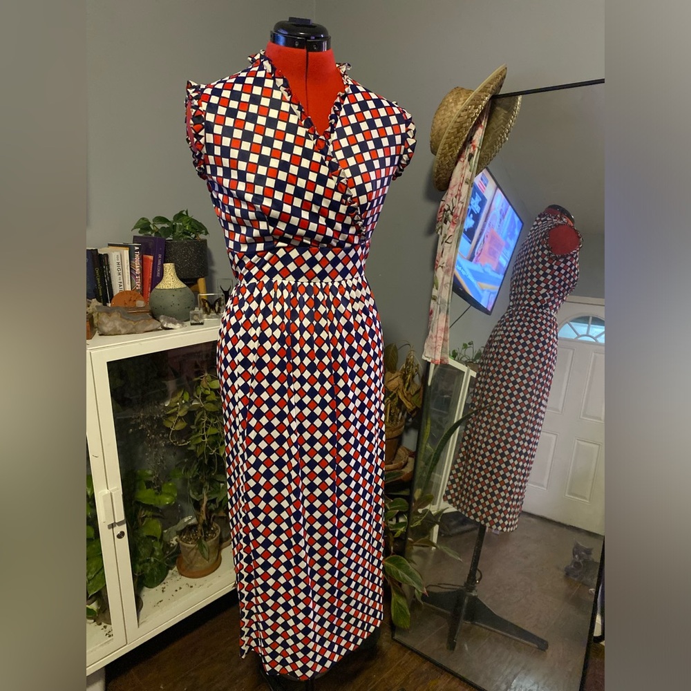 Vintage 1970s Red White Blue Diamond Pattern Dress